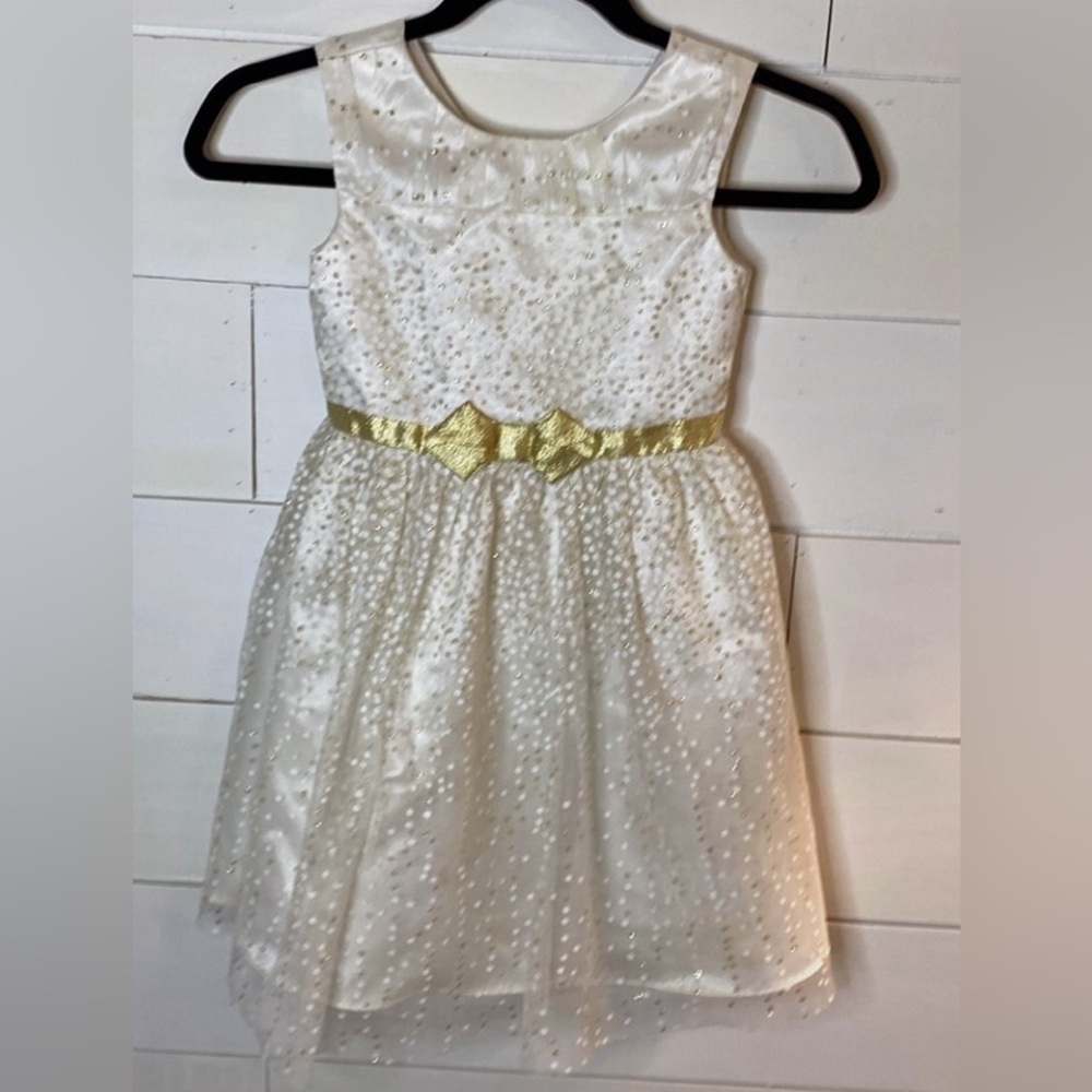 Jona Michelle Gold and Ivory Formal Kids Dress. Button & tie. Sz 5. Polka dot. - Picture 2 of 16